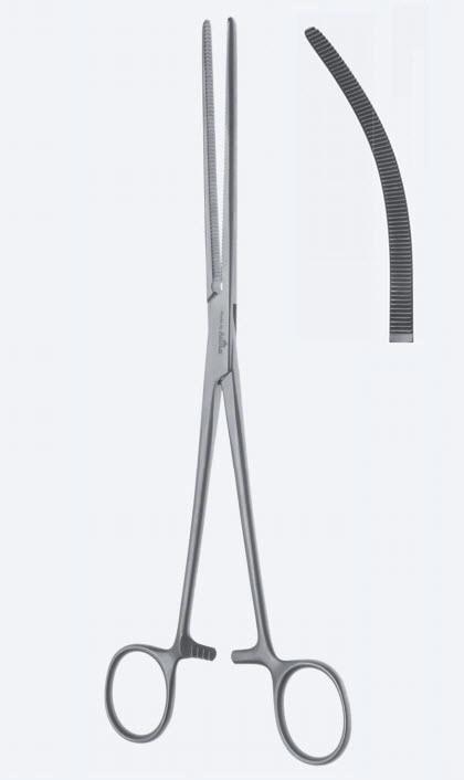 Зажими, хірургічні, гемостатичні, Pean, вигнуті, зубчасті щелепи, з кремальєрою, загальна довжина 280 мм, 11 1/8". Бренд - Asanus Medizintechnik Gmb, Німеччина